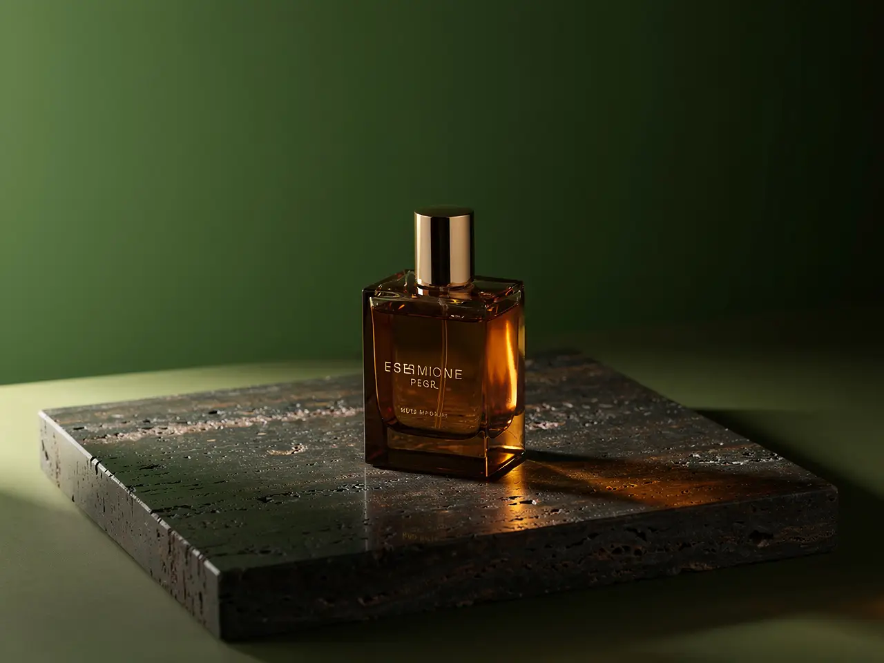 Luxury fragrance bottle still life on a dark reflective surface