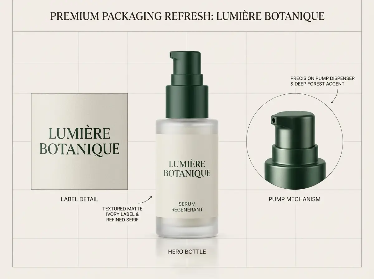 Premium packaging bottles arranged on a clean campaign board