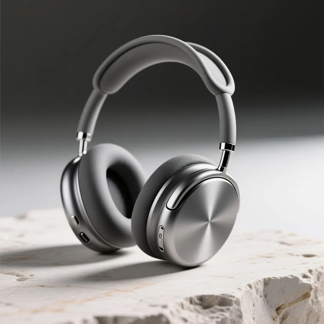 Silver over-ear headphones on pale stone against a dark studio background