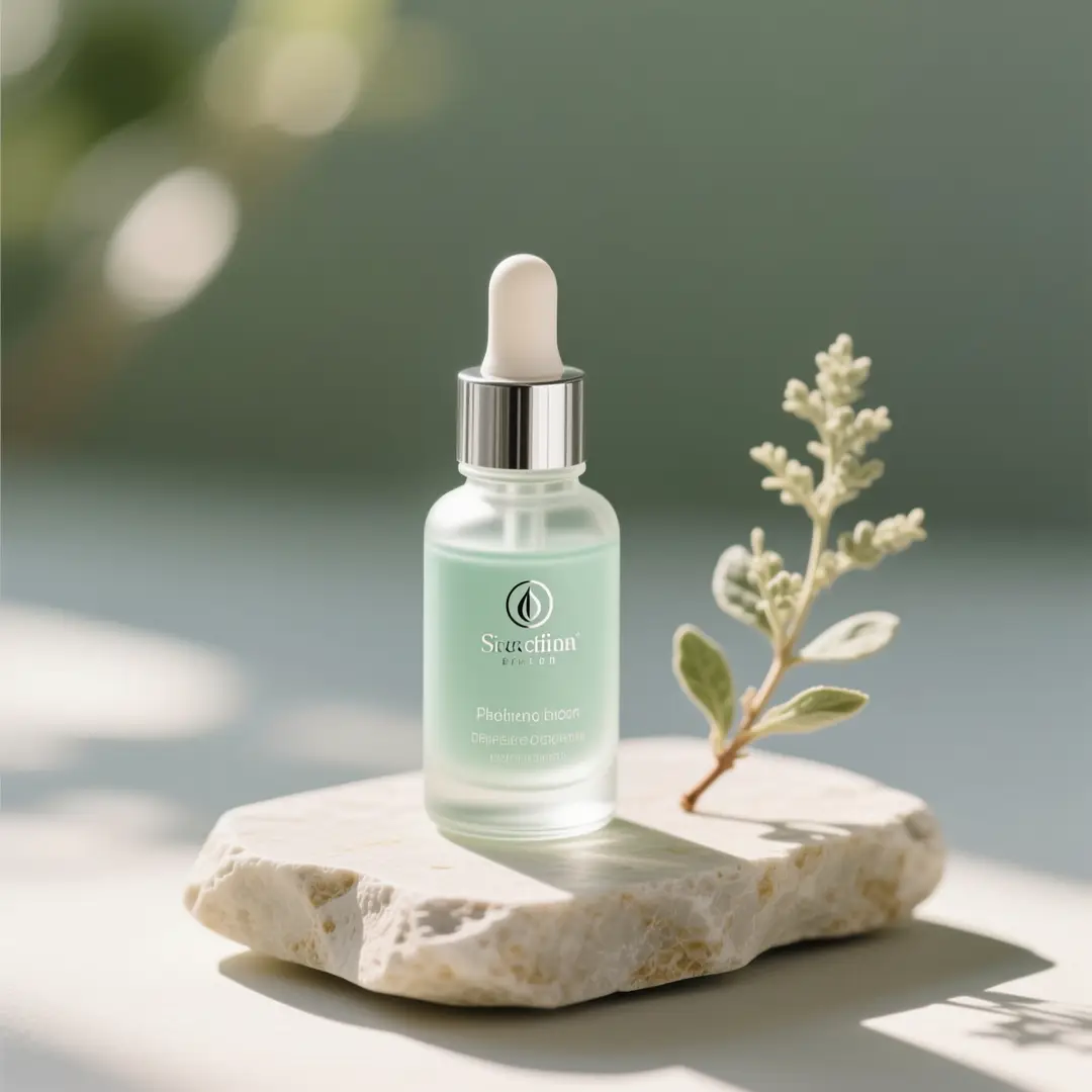 Cosmetic glass dropper bottle with flowers on a neutral surface